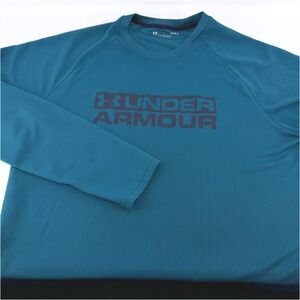 Under Armour Men Large Loose Fit Long Sleeve Teal Waffle Knit Athletic Shirt